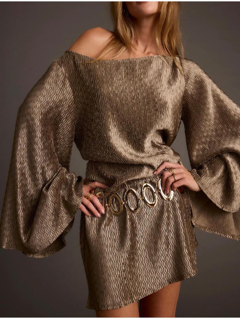 12TH TRIBE gold metallic flare sleeve mini dress sz XL